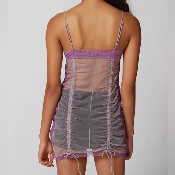 Urban Outfitters UO Marina Sheer Ruched Monochromatic Purple Mini Dress M NWT - Picture 3 of 16